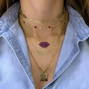 

micro pave red cz cubic zirconia gold color kiss lip pendant necklace 2020 new women jewelry