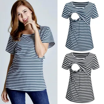 

vetement femme Women Maternity pregnant top and blouses clothes Short Sleeve Striped Print Nursing T-shirt Top For Breastfeeding