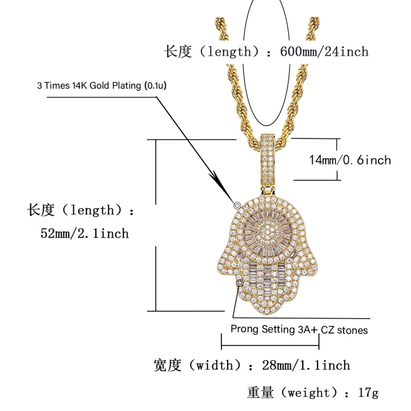 Полный AAA+ кубический цирконий проложили Bling Ice Out Фатима рука амулет подвески ожерелья для мужчин женщин хип хоп рэппер ювелирные изделия