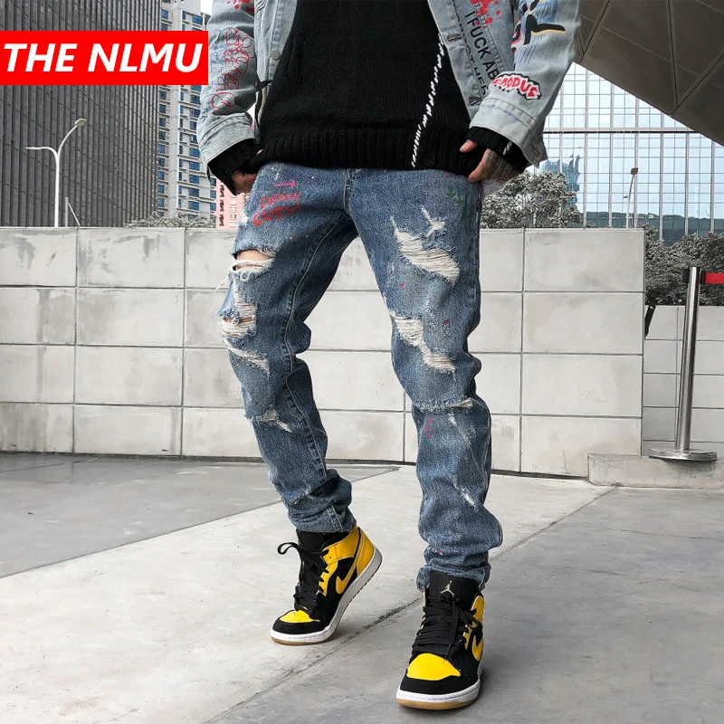 New Skinny Hole Jeans Men Streetwear Destroyed Ripped Jeans Homme Hip Hop Broken Graffiti Print Pencil Biker Denim Pants WG668 New Skinny Hole Jeans Men Streetwear Destroyed Ripped Jeans Homme Hip Hop Broken Graffiti Print Pencil Biker Denim Pants WG668