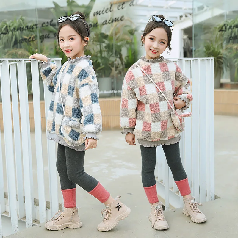 

2019 New Style Princess CHILDREN'S Suit Girls Fall And Winter Clothes Big Boy plus Velvet Furry Hoodie Leggings Two-Piece Set