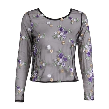 

New Women's Summer Sexy Sheer Flower Long Sleeve See Through Floral Purple Shirt Blouse Tops