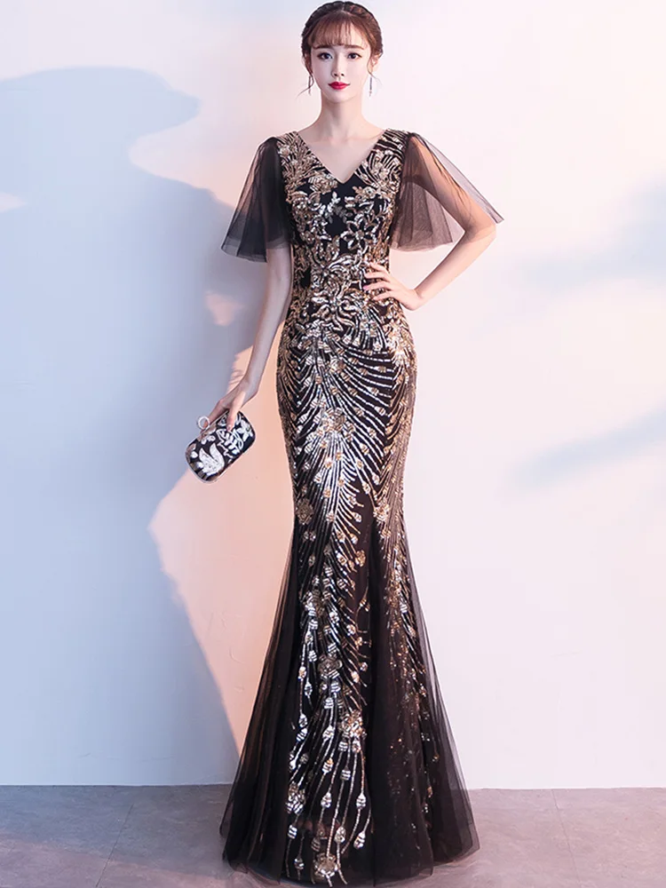 Вечернее платье с v-образным вырезом женские вечерние платья 2019 длина до пола элегантное женское Платье De Soiree с короткими рукавами с
