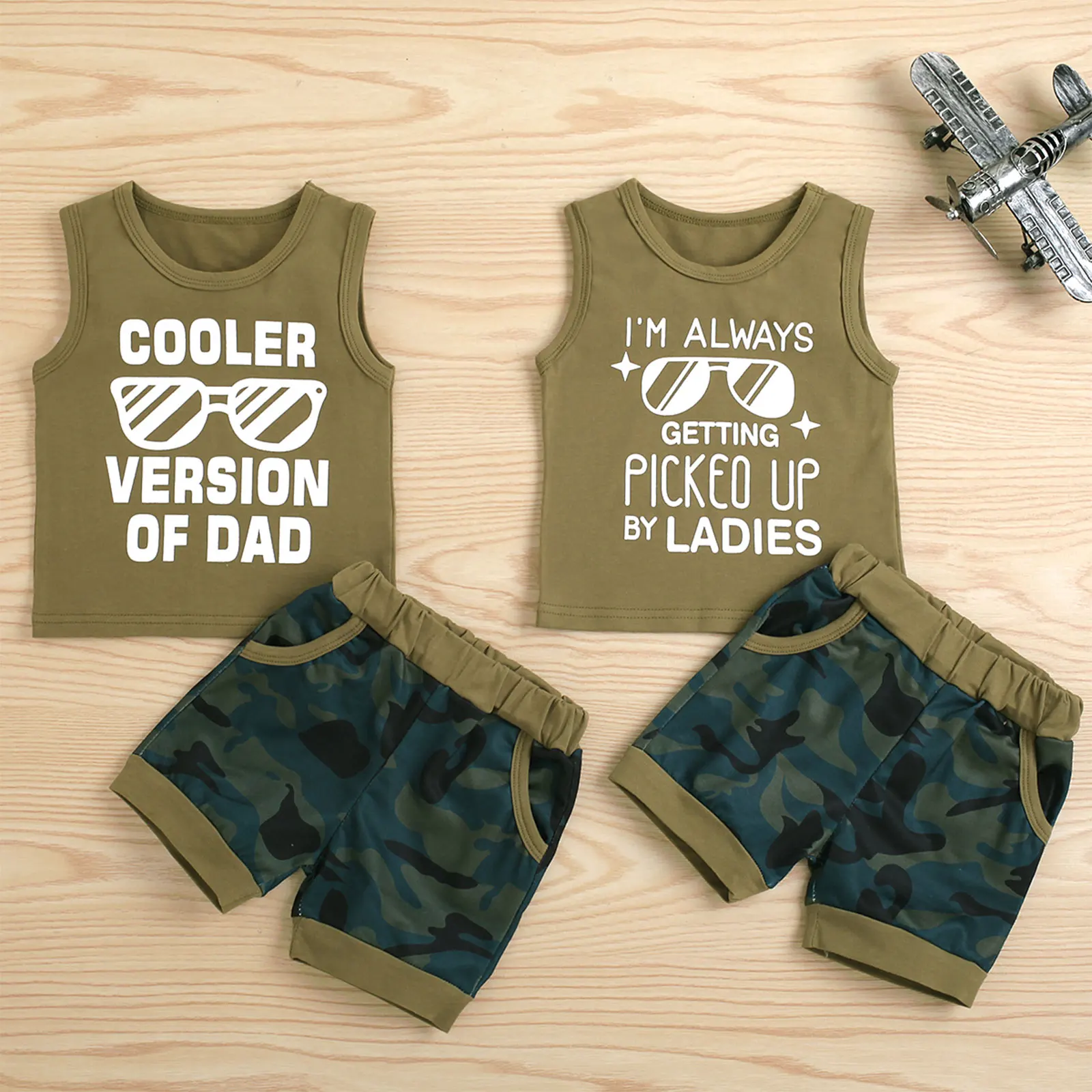 2Pcs Baby Boy Summer Outfits Toddlers Short Suit Funny Letter Print Sleeveless Vest Tops + Camouflage Shorts for 0-24 M |