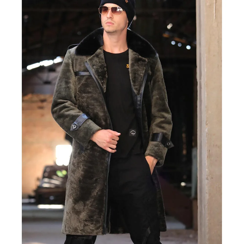 SANI, длинная Меховая куртка из овчины, натуральный мех, зимняя утолщенная теплая меховая одежда, Черное длинное меховое пальто для мужчин, темно-синее натуральное меховое пальто - Цвет: Армейский зеленый