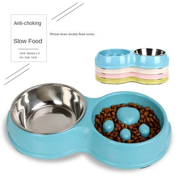 

Dog Bowl Wheat Straw Slow Eating Anti-choking Stainless Steel Double Bowl Pet Tableware Anti-skid Cat Food Basin