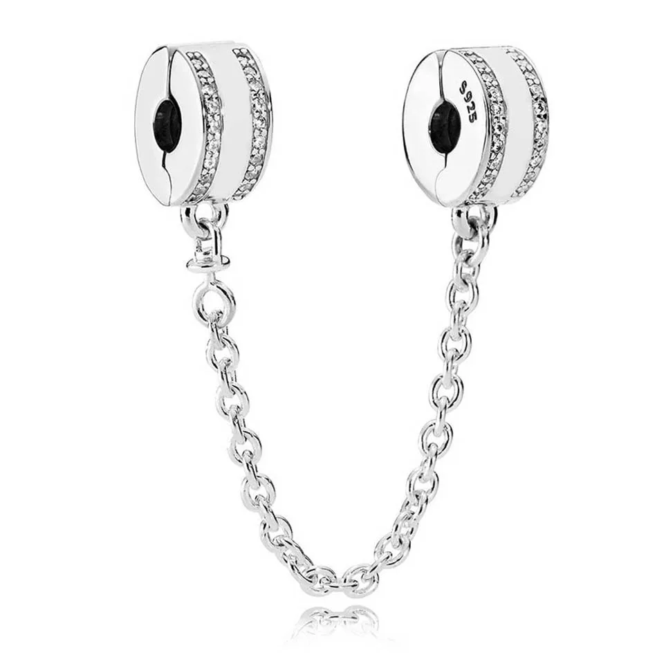 

Authentic 925 Sterling Silver PAN Insignia With Crystal Safety Chain Clip Bead Charm fit Lady Bracelet Bangle DIY Jewelry