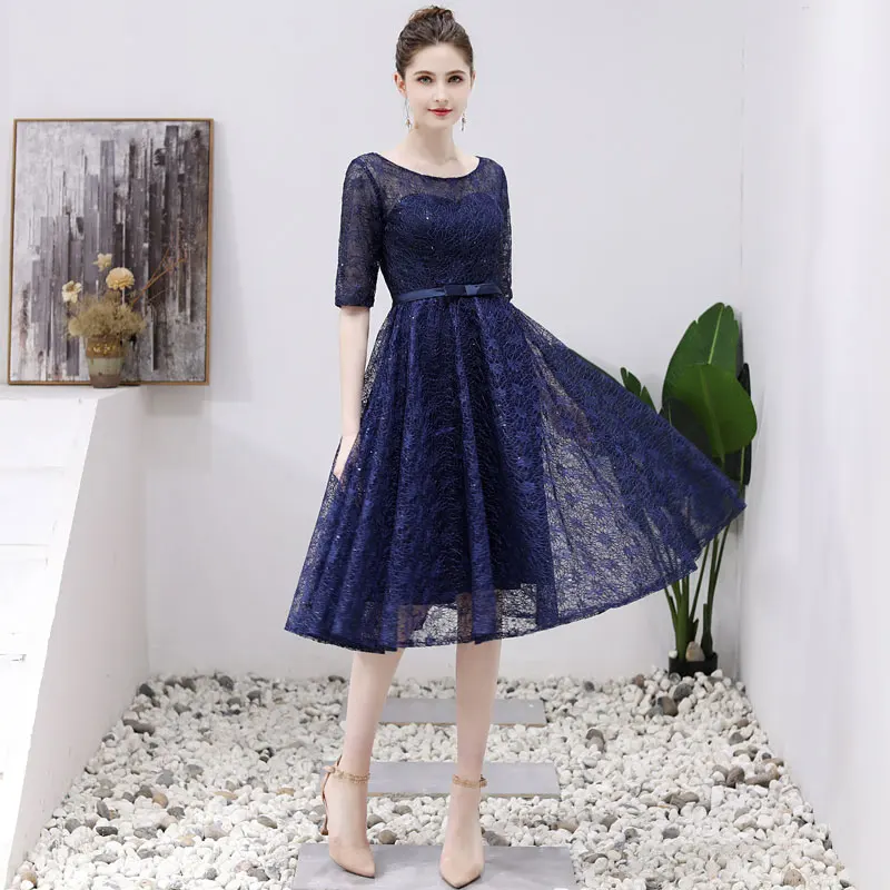 navy blue Темно-синие вечерние платья размера плюс, длинные элегантные платья трапециевидной формы с круглым вырезом и блестками, кружевные платья для матери невесты с рукавами - Цвет: navy blue