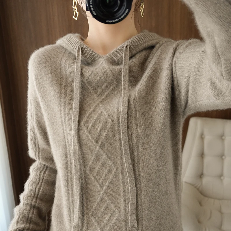 Hot sale new style  cashmere wool ladies hooded sweater loose high-end long-sleeved knitted solid color wool pullover winter