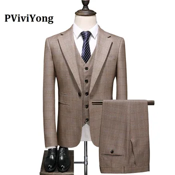 

PViviYong brand 2019 high quality suit men leisure khaki grid slim Business Suit Three-piece (Jackets + Vest + Pants) 6729