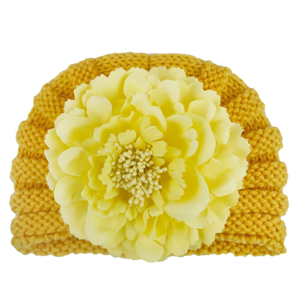 Зимняя детская шапочка с большим цветком, вязаная детская шапка для девочек, для новорожденных, Детская чалма, эластичные зимние шапки для детей - Цвет: Yellow