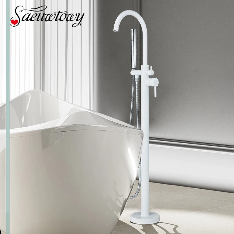 White Bathtub Shower Faucet Floor Standing Shower Tub Spout Single Handle Hot/Cold Water Mixer Tap Bathroom Faucet shower set,bathtub faucet,shower faucet,water mixer