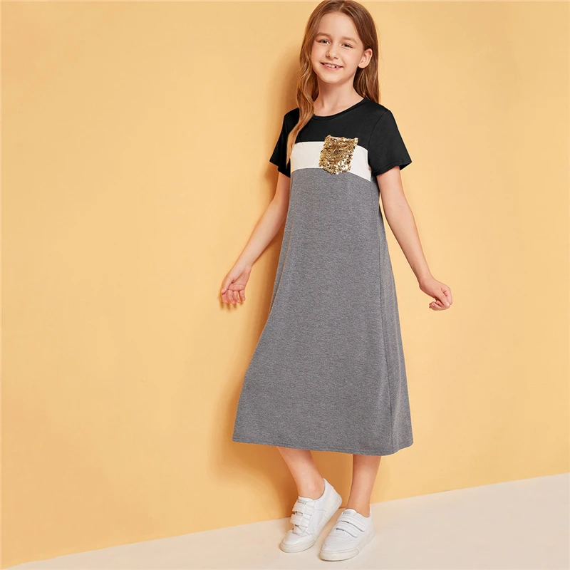 SHEIN/длинное платье-туника с блестками и карманами для девочек; коллекция года; сезон лето; детская повседневная футболка с короткими рукавами
