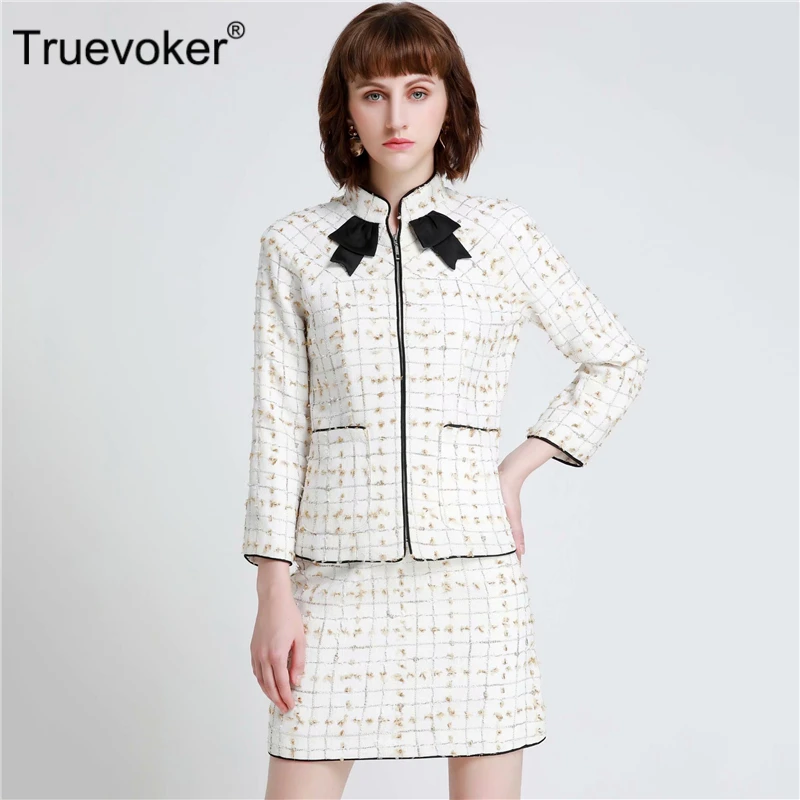 

Truevoker Runway Designer Sets Suits Women's Full Sleeve Noble Woolen Blends Jacket With Pencil Skirt Office Lady Set Suit
