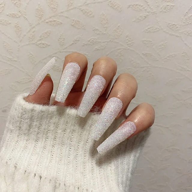 Press On False Nails Extra Long Coffin White Glitter Fade 10pc Set  Christmas | eBay