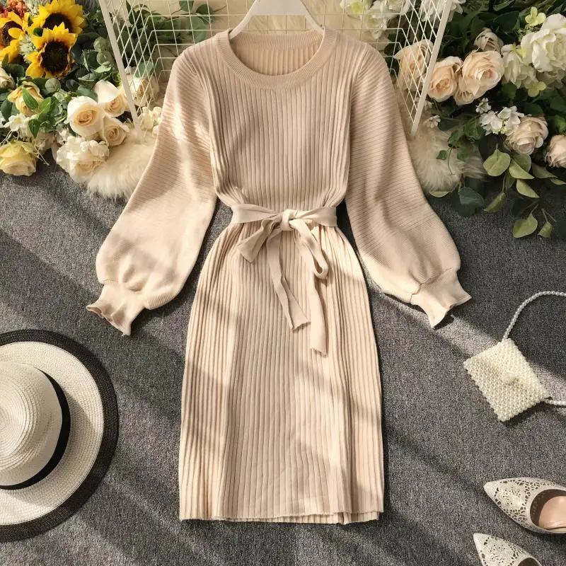 ALPHALMODA, осень, Женский пуловер с длинным рукавом и поясом, Повседневное трикотажное платье, длина до колена, однотонное простое зимнее платье-свитер