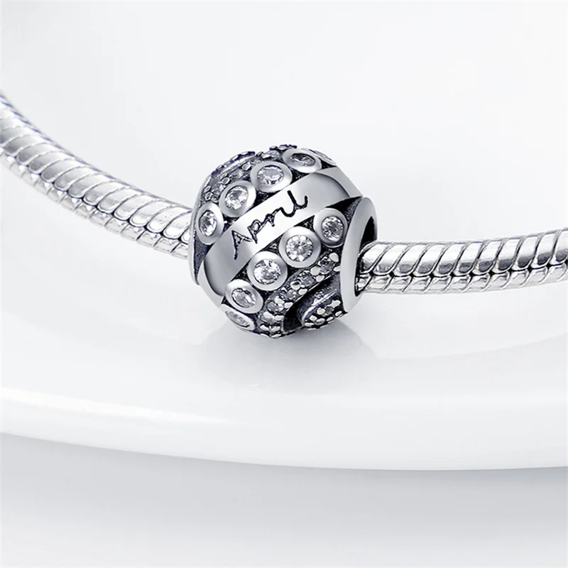 New Silver Birthstone Series April plata de ley Charms Bead Fits Original Pandora Bracelet Necklace Woman Fashion Jewelry Gift | Украшения