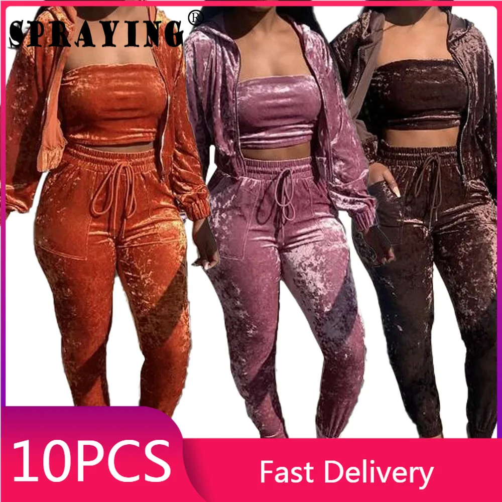 10pcs Bulk Items Wholesale Golden Velvet 3 Piece Set Jogging Suit Hoodie Y2K Tracksuit for Women