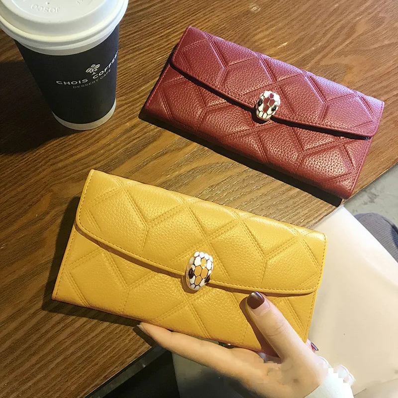 

2020 New Lady Famous Brand Design Soft Real Cow Genuine Leather Long Wallet Litchi Embossing Cow Leather Magnetic Clasp Wallet