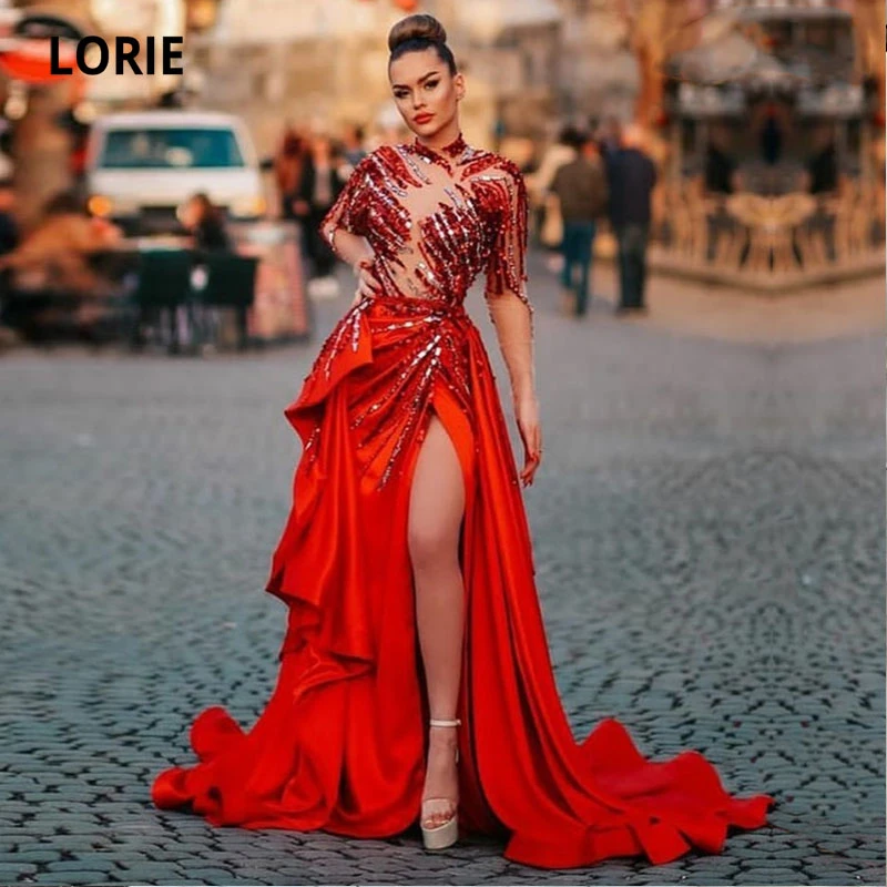 LORIE vestido de noche árabe de alta costura, ropa de fiesta de cuello alto con y Rhonestones rojos manga larga, Sexy|Vestidos de noche| - AliExpress