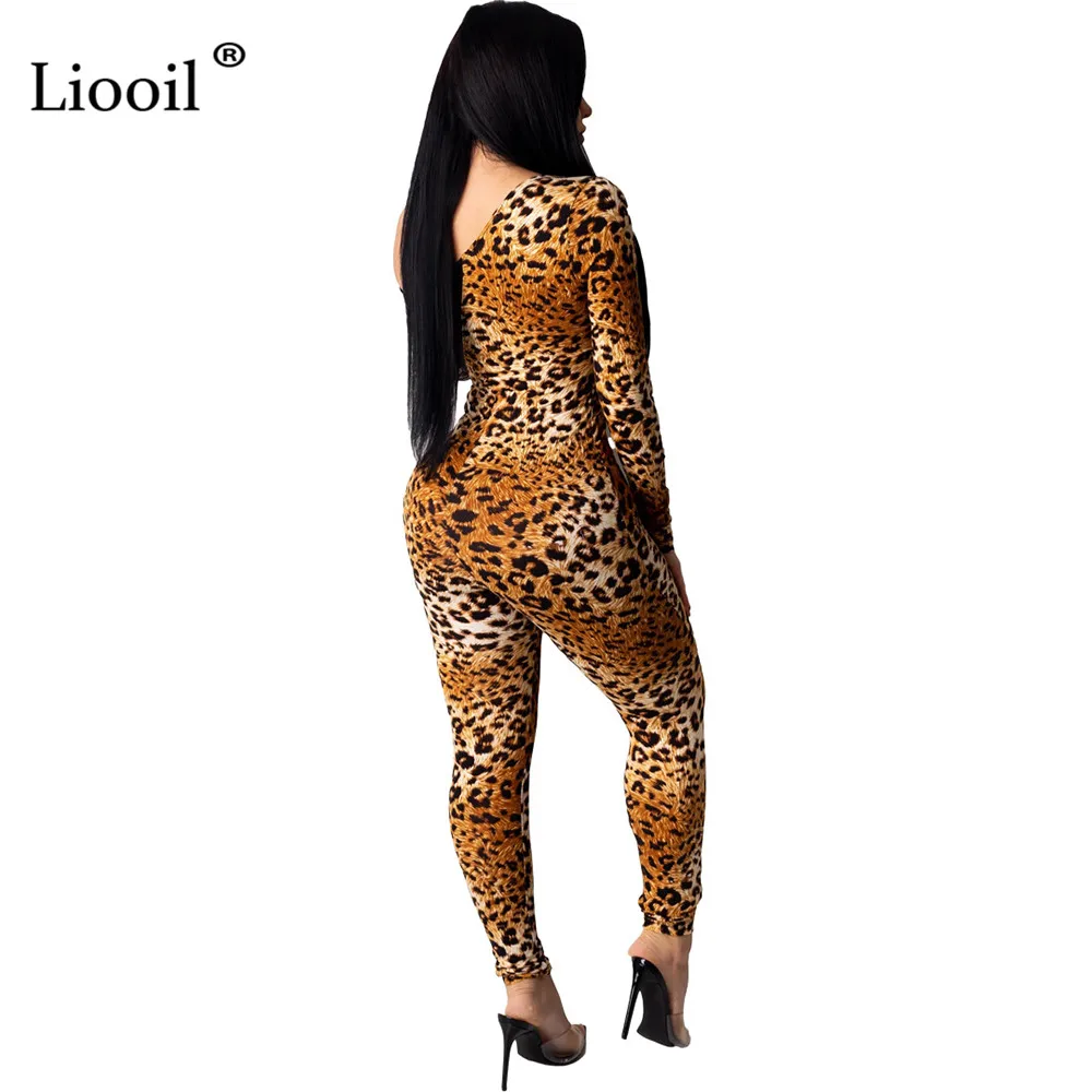 Liooil, прозрачный кружевной цельный леопардовый комбинезон, женские сексуальные Клубные наряды, на одно плечо, с длинным рукавом, вечерние, Клубные, облегающие комбинезоны