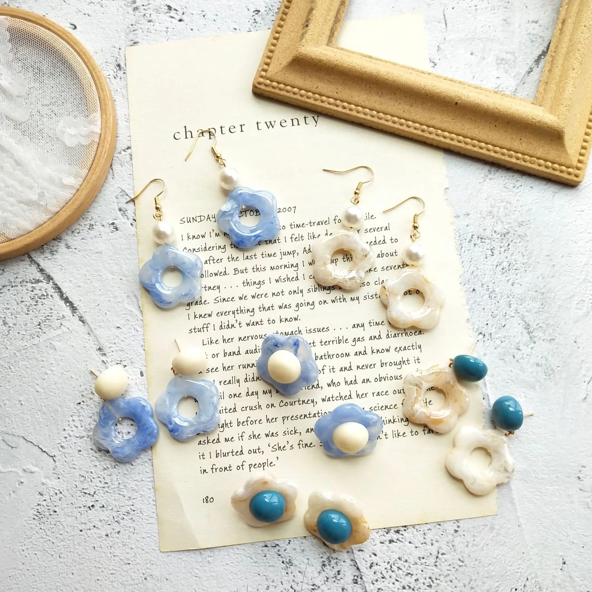 

SNCSDK Retro Summer Fresh Super Fairy Gradient Pearl Sky Blue Beige White Contrast flower Ear Hook Ear Clip Women Stud Earrings