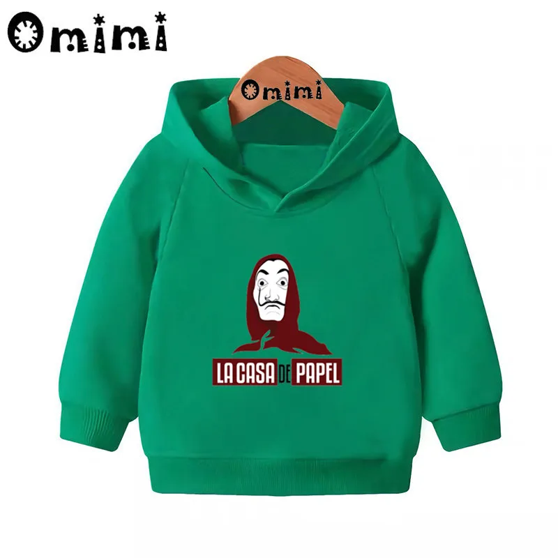 La Casa De Papel Money Heist/милые Свитшоты детские толстовки с капюшоном крутой пуловер для малышей топы для девочек и мальчиков, осенняя одежда KMT5329 - Цвет: Green-5329B