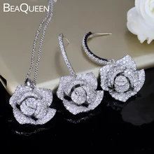 BeaQueen красивая Роза висячие серьги микро паве кубический циркон женский свадебный комплект ювелирных изделий для подружек невесты JS044