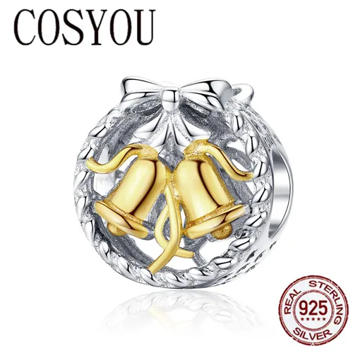 

COSYOU 2019 Christmas Bell Round Metal Beads for Women Jewelry Making 925 Stelring Silver Charm fit Bracelet DIY Bijoux SCC1358