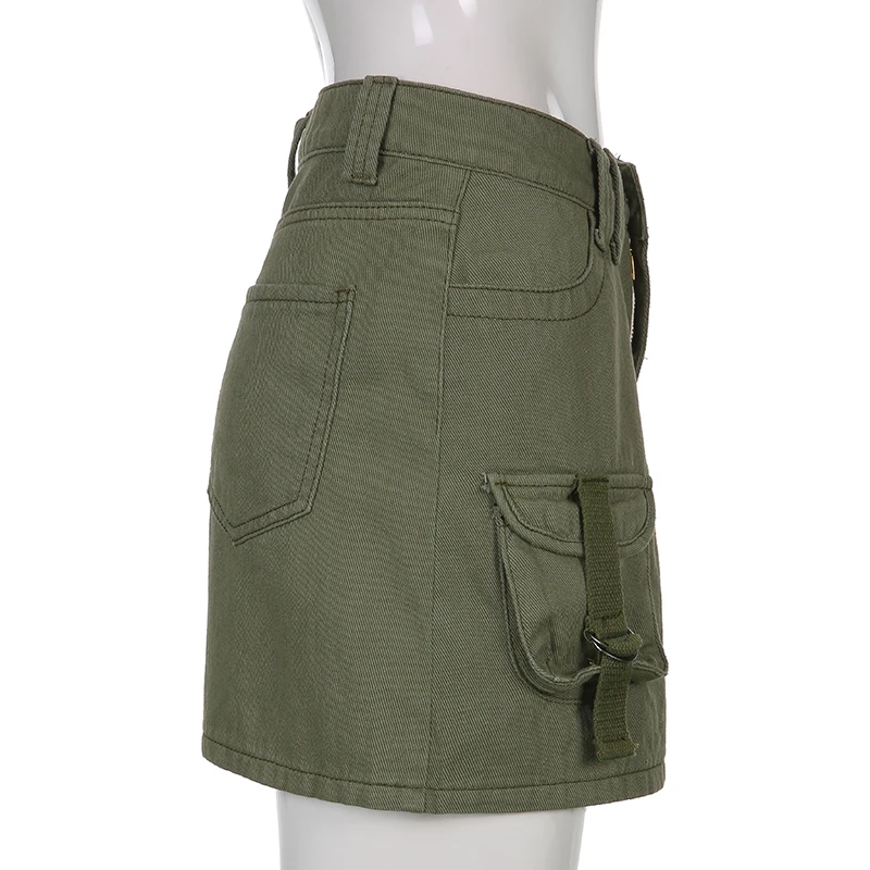 Rapcopter Y2K Grey Green Jeans Skirts Pockets Bandage Low Waisted Denim ...