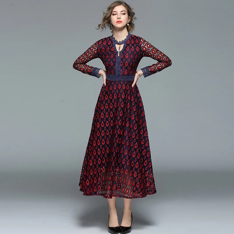 

Ozhouzhan WOMEN'S Dress 2018 Spring And Autumn New Style Elegant V-neck Slim Fit Slimming Hollow out Lace Base Dress