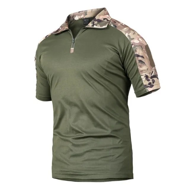 Erkekler yaz hızlı kuru T-shirt kısa kollu askeri gömlek çuha fermuar taktik kamuflaj T-shirt