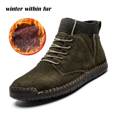 Army green Warm MRCAVE/мужские ботинки из коровьей замши; модные теплые зимние ботинки; зимняя обувь; мужские повседневные ботильоны из дышащей кожи; мужская обувь на меху - Цвет: Army green Warm