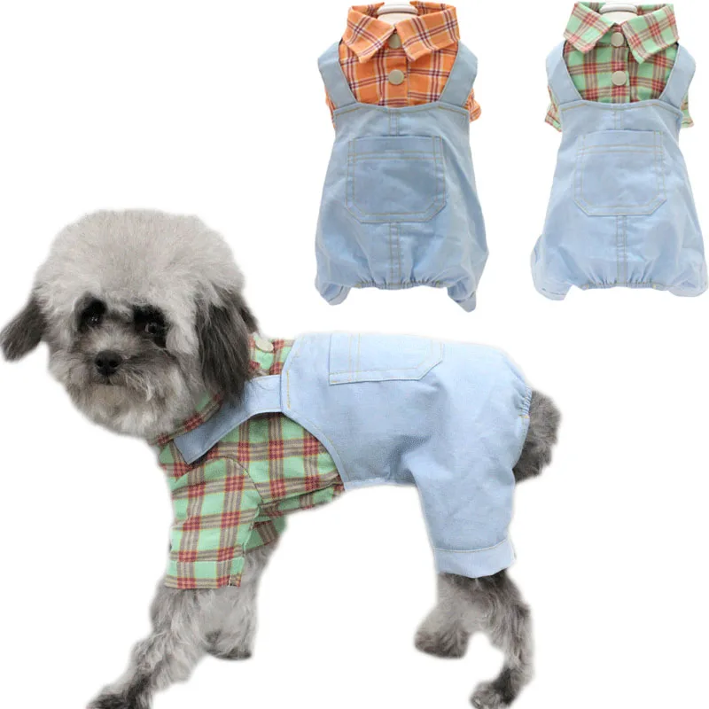 Plaid Jumpsuit For Dogs Spring Summer Dog Clothes Big Pocket Light Blue Denim Costume Shirt Coat Small Medium Yorkie XL | Дом и сад