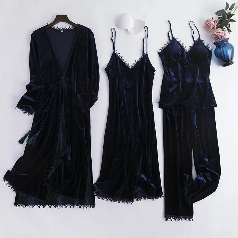 Winter Women Pajamas Set 4 Pieces Pajamas Set Gold Velvet Warm Home Clothes Sleepwear Female Thickening Long Sleeve Pyjamas Suit