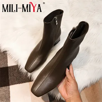 

MILI-MIYA Fashion Women Ankle Boots Sheepskin Short Plush Winter Booties Zippers Square Toe High Heels Female Party Dress Shoes