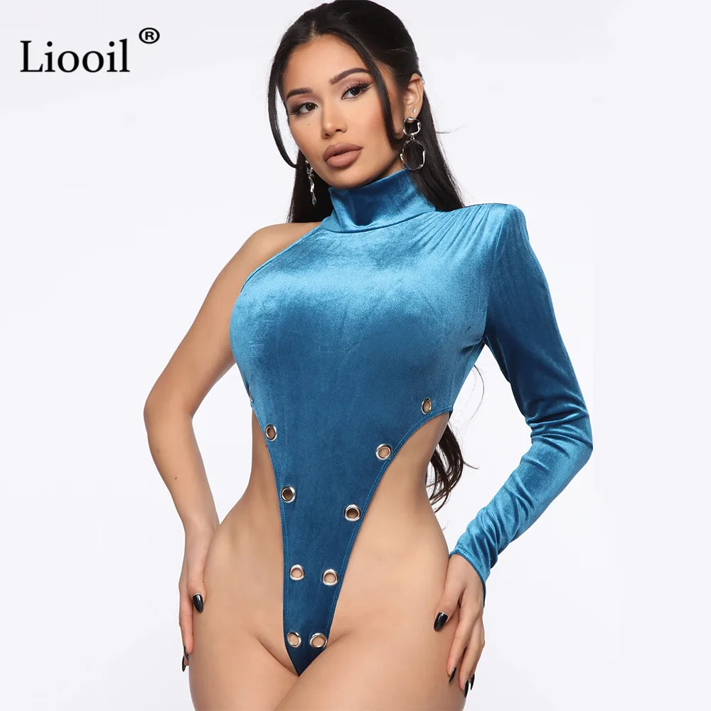 Liooil, синие бархатные боди и штаны из двух частей, весна, на одно плечо, облегающие, вечерние, сексуальные, Клубные наряды для женщин, подходящие комплекты