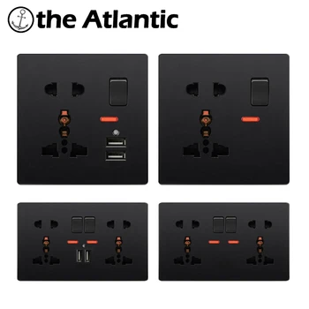 

13A Universal Socket With Dual USB Port LED Indicator Wall Power Double Outlet 5 Hole 2 Pin 3 Pins Black Plastic Frame DE EU FR