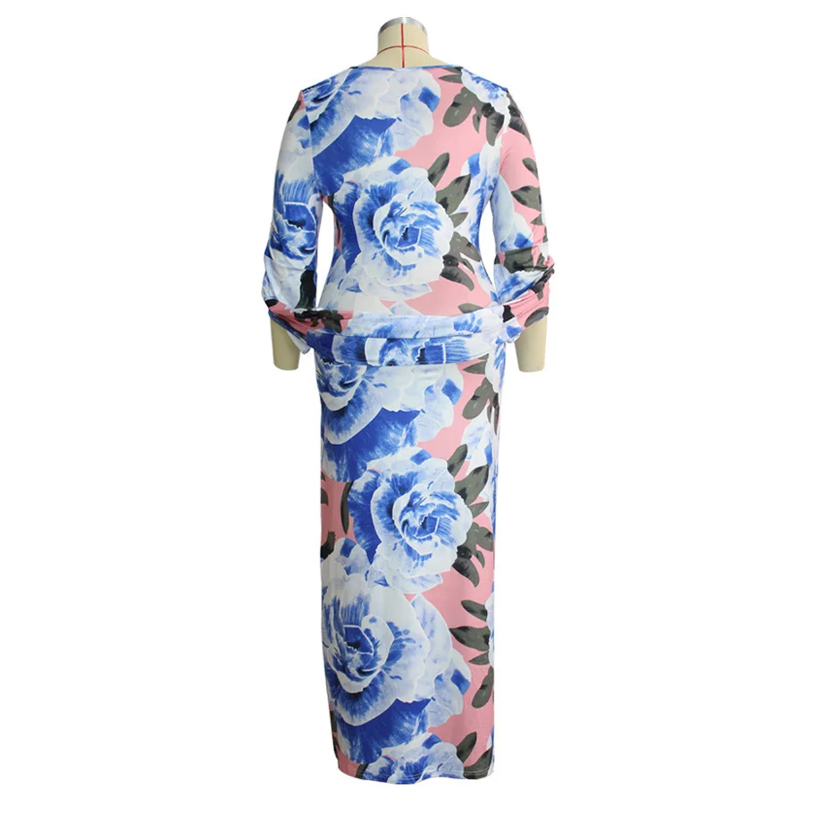 Plus Size Women Dress 3XL 4XL New African Floor Length Blue Print Deep V Neck Elegant Evening Party Night Vestidos Dresses Long