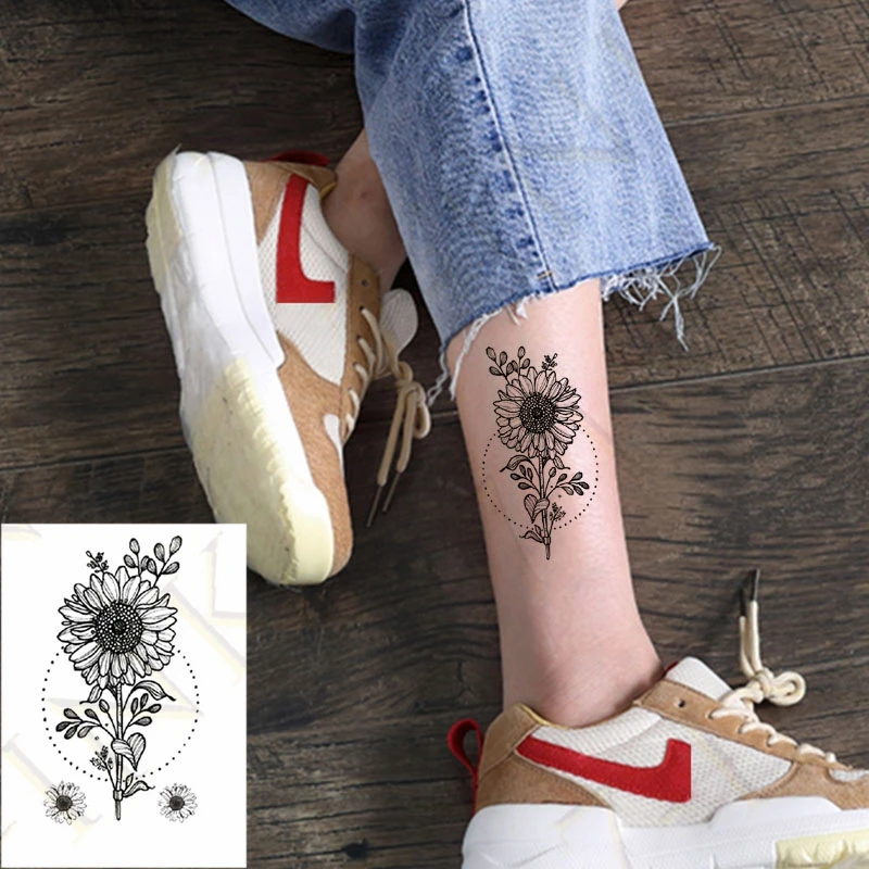 

Water Transfer Fake Tattoo Sticker Sketch Chrysanthemum Daisy Plum Blossom Art Waterproof Temporary Flash Tatto For Men Woman