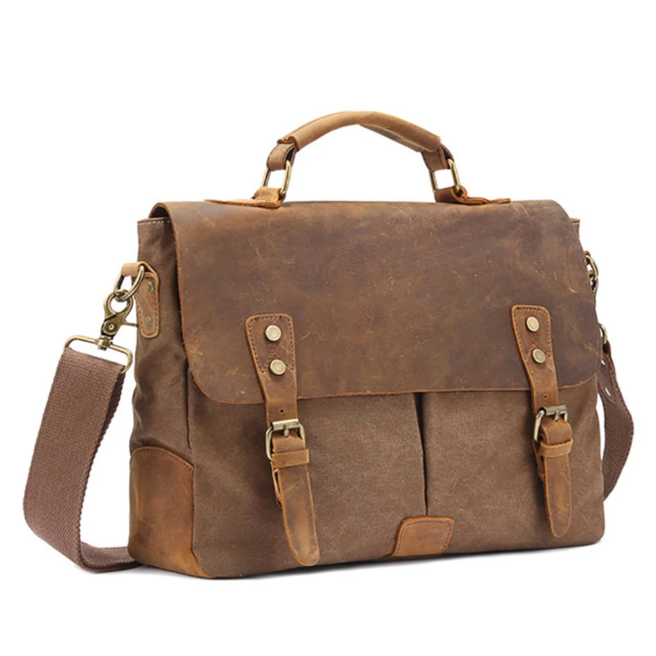 Мужской кожаный холщовый портфель в стиле пэчворк, женские сумки с Т-образным держателем, винтажные холщовые сумки-мессенджеры для женщин и мужчин - Цвет: Brown