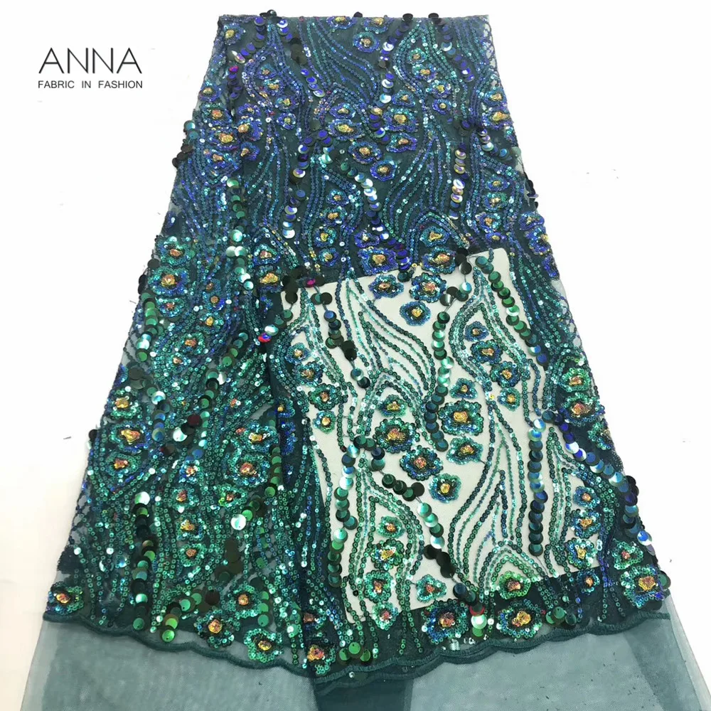 

ANNA Latest African Lace Fabric 2019 High Quality French Lace Fabric With Sequins French Tulle Lace Green 5 Yards For Party