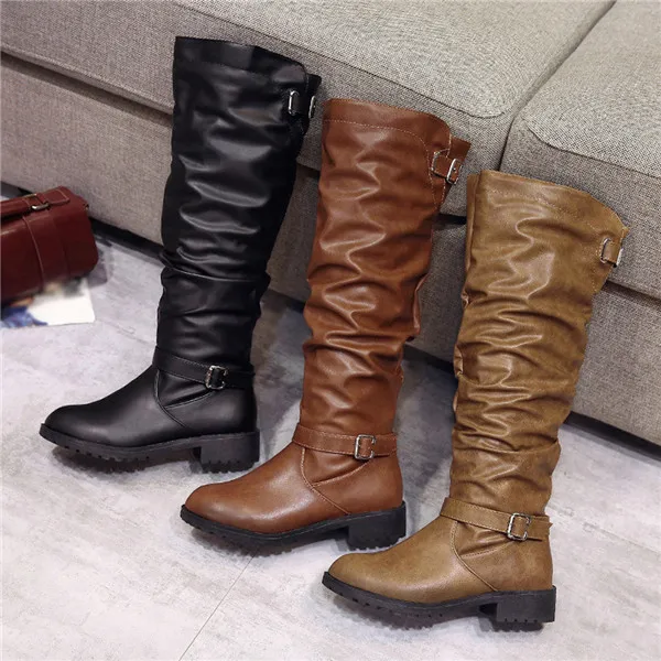 Ladies Winter Shoes Women Zipper Square Heel Solid Color Metal Decoration High Boots Knee-High Shoes Round Toe Boots