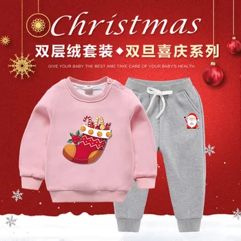 

Children's clothing spring clothes boys and girls hooded plus velvet thick sweater suit Christmas printing children 2-8T pullove
