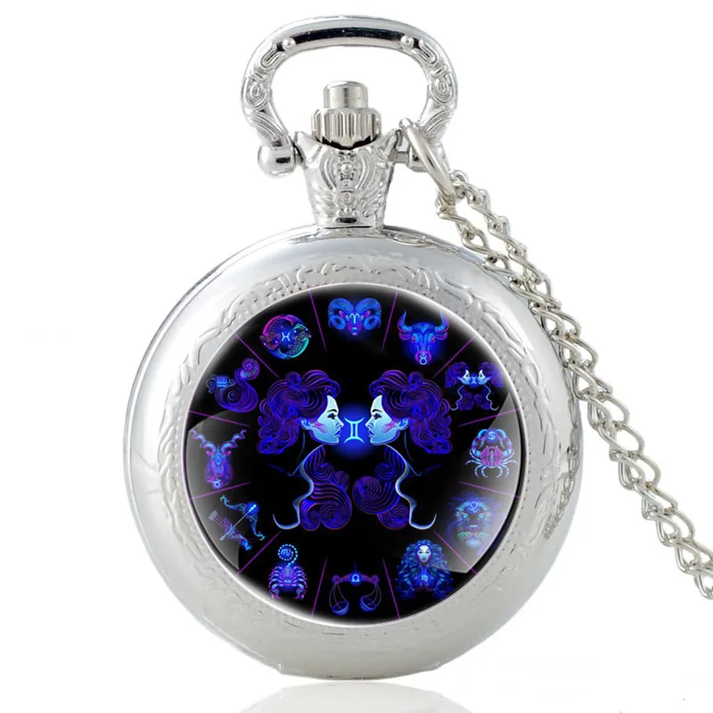 

Twelve Constellations Optimism Depression Gemini Silver Quartz Pocket Watch Men Women Necklace Pendants Jewelry Birthday Gift
