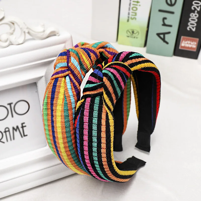 

Hair Accessories Multicolor Wide Side Hairband For Women Soft Velvet Headband For Girls Rainbow Striped Knitted Hair Hoop