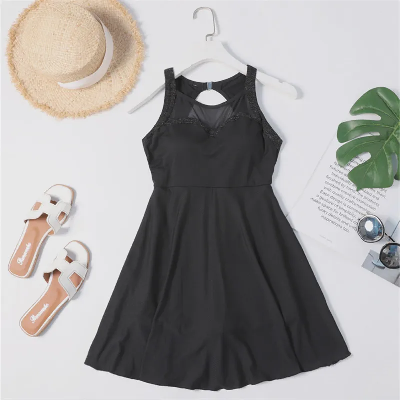 

2019 Swimsuit Women One Piece Vintage Halter Swimwear Female Black Bathing Suit Mesh Swimsuits Solid Beach Wear Sexy O-neck XXL
