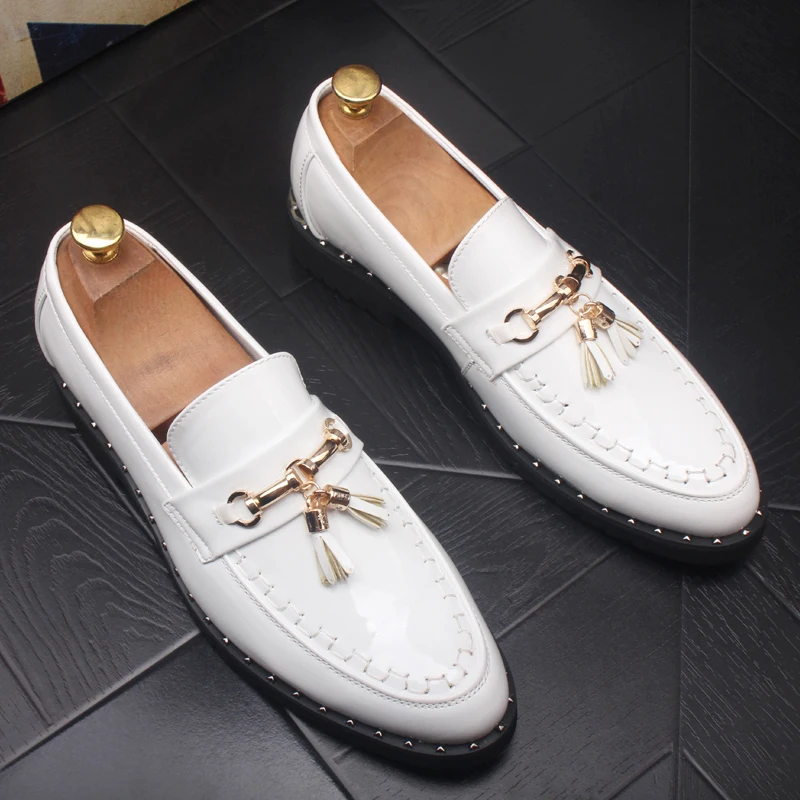 

Korean style men fashion party banquet dresses patent leather shoes slip on tassels shoe black white oxfords loafers man sneaker