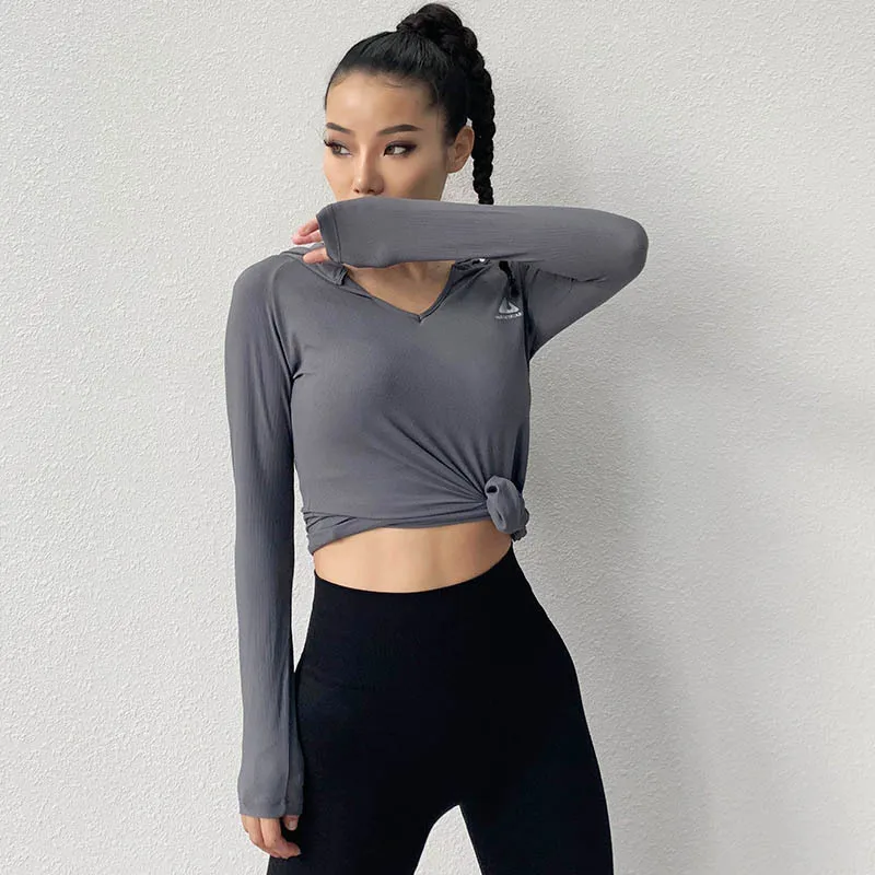 SALSPOR Gym Women Yoga Shirt Long Sleeve Hooded Sport T Shirt Absorb Sweat Quick Dry Workout Tops Fitness Running Sportswear - Цвет: Gray