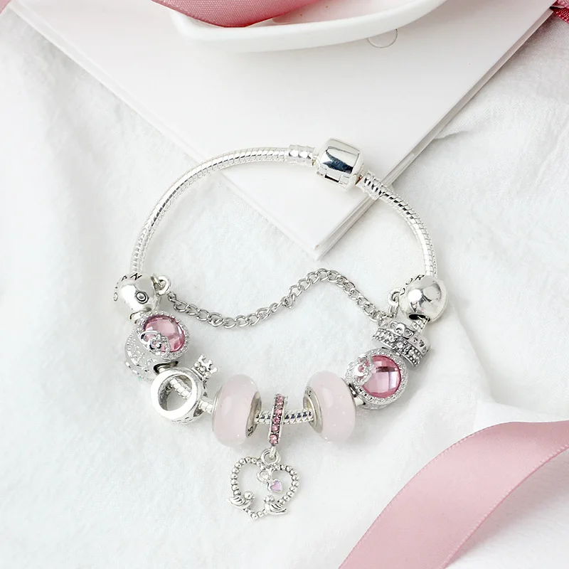 Новый браслет Panjia из стеклянных бусин серебряный сплав Серия love pink bird Подвесные